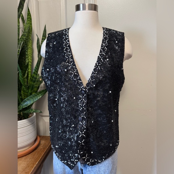 Vintage Tops - Vintage Y2K Black‎ Beaded Sequin Vest Glam Party Size L